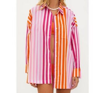Beach Riot Alexa Top Sunset Stripes Orange & Pink Button-Front Shirt Size L-XL